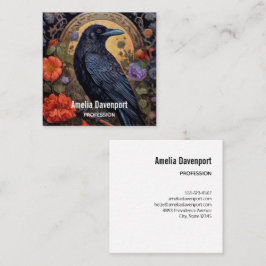 Tarjeta De Visita Cuadrada Raven negro con flores de diseño gótico
