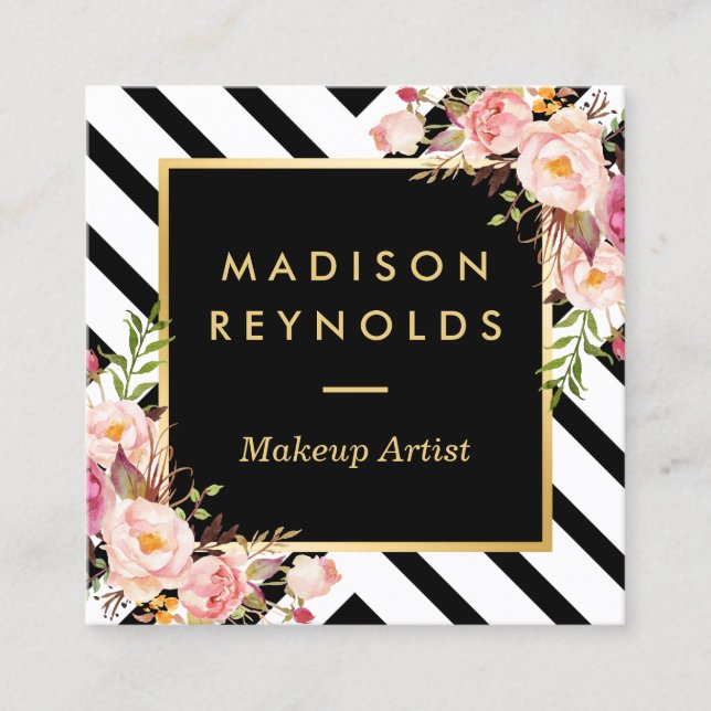 Tarjeta De Visita Cuadrada Rayas blancas negras modernas marco dorado floral  (Anverso)