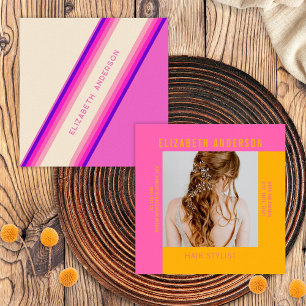 Tarjeta De Visita Cuadrada Rayas Retro Personalizadas Rosa Naranja Caliente 7