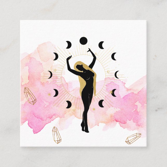 Tarjeta De Visita Cuadrada *~* Rays Crystals Cosmic Gold Black Goddeson Moon (Anverso)