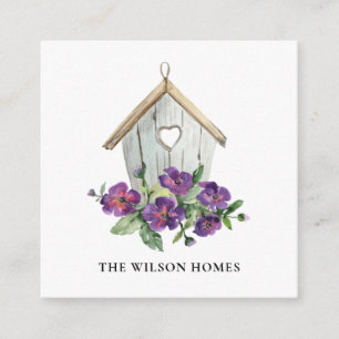 TARJETA DE VISITA CUADRADA REALTOR BLANCO RÚSTICO FLORAL BIRDHOUSE INMOBILIAR