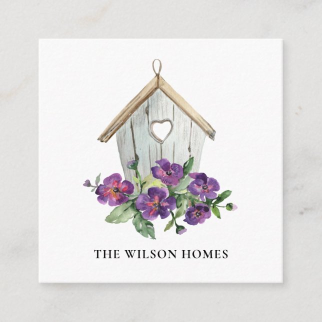 TARJETA DE VISITA CUADRADA REALTOR BLANCO RÚSTICO FLORAL BIRDHOUSE INMOBILIAR (Anverso)