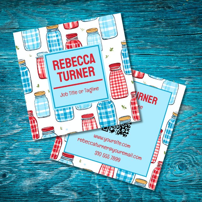 Tarjeta De Visita Cuadrada Red and Blue Mason Jar Pattern, QR Code (Subido por el creador)