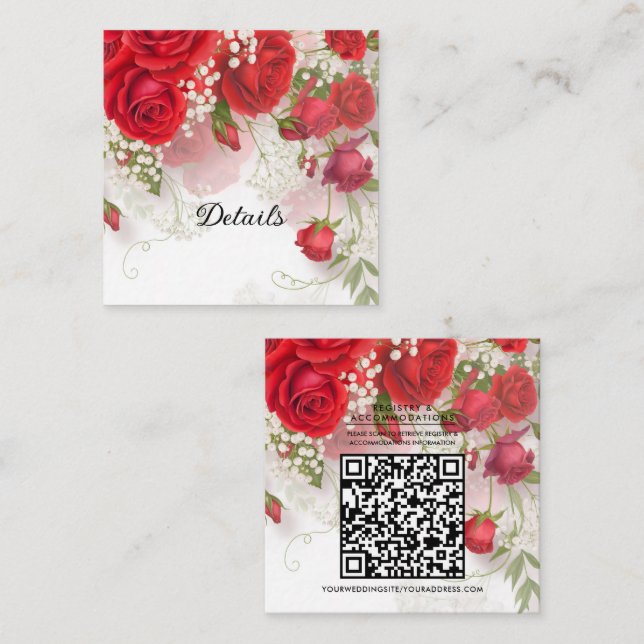 Tarjeta De Visita Cuadrada Red Roses & Babys Breath Floral Wedding Details (Anverso / Reverso)