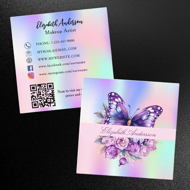 Tarjeta De Visita Cuadrada Red social de códigos QR holográficos de mariposa (Subido por el creador)