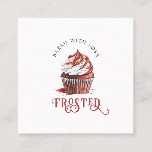 Tarjeta De Visita Cuadrada Red Velvet Baker Cupcake Logo Calligraphy Script  (Anverso)