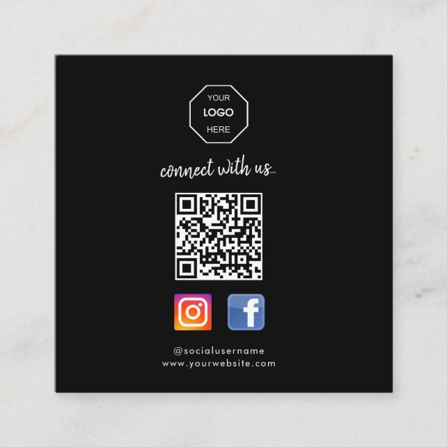 Tarjeta De Visita Cuadrada Redes sociales | Contáctanos | QR Code Black Busin (Anverso)