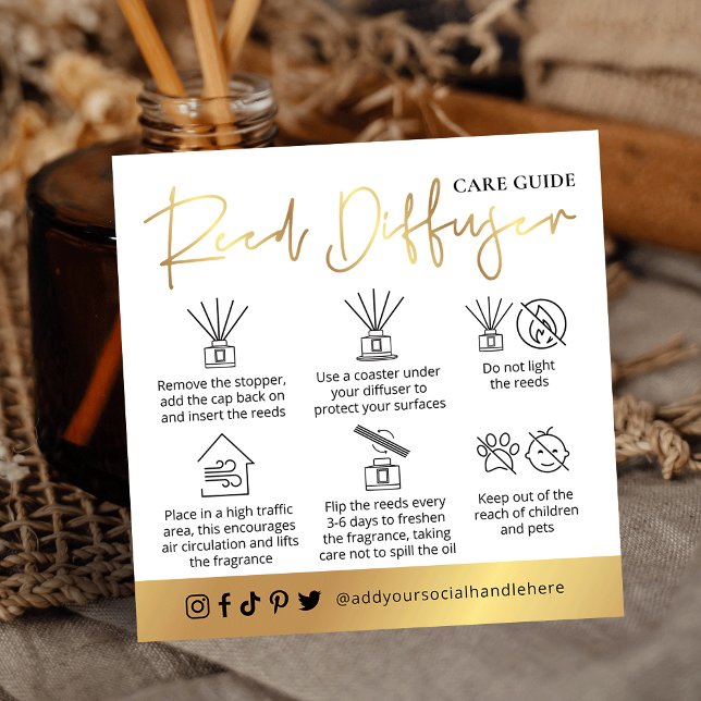 Tarjeta De Visita Cuadrada Reed Diffuser Care Instructions White & Gold Logo (Reed Oil Diffuser care instructions cards in white and gold design with space for your logo)
