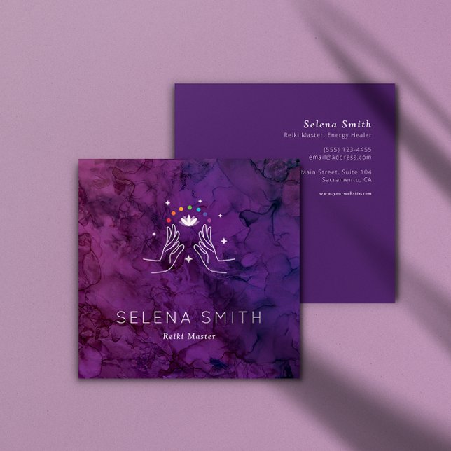 Tarjeta De Visita Cuadrada Reiki Business Card Square design con Chakras (Reiki Business card mock-up shown both front and back design with foliage overlay
)