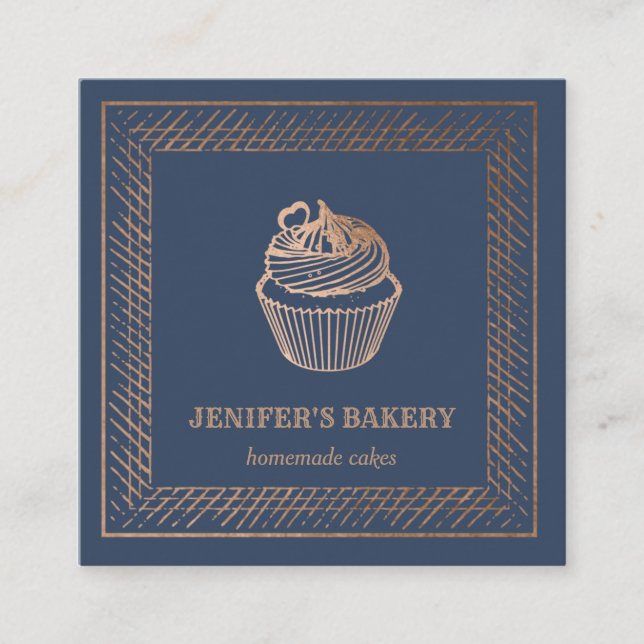 Tarjeta De Visita Cuadrada Relieve metalizado de oro rosa moderno pastelería  (Anverso)