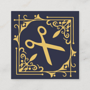 Tarjeta De Visita Cuadrada Relieve metalizado dorado falso tijeras navío hair