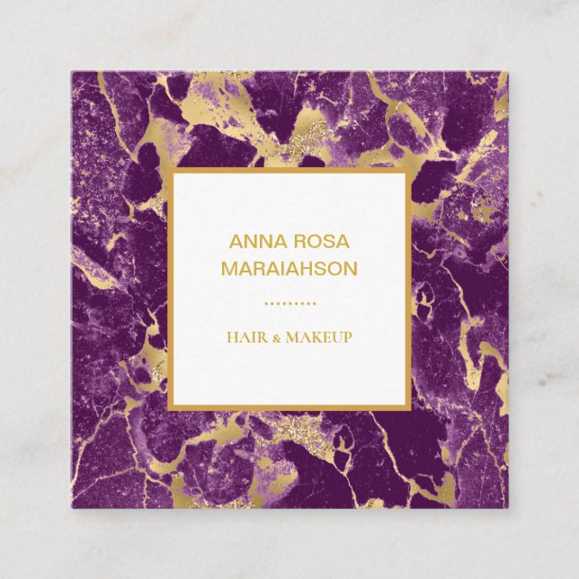 Tarjeta De Visita Cuadrada *~* Relieve metalizado dorado Glam Mármol Púrpura  (Anverso)