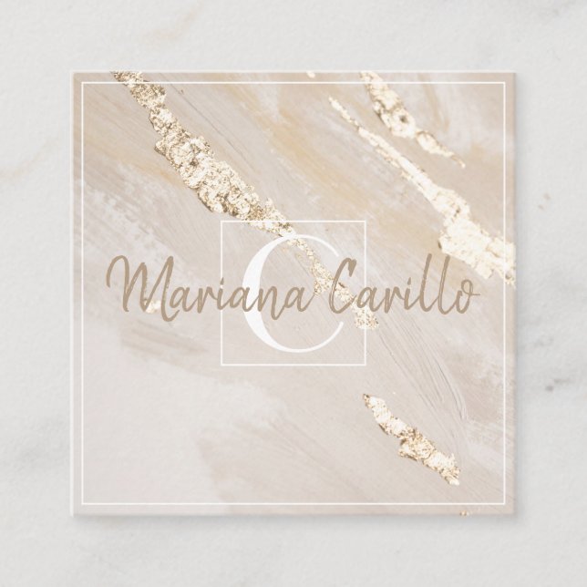 Tarjeta De Visita Cuadrada Relieve metalizado dorado Moda Monograma de mármol (Anverso)