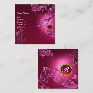 TARJETA DE VISITA CUADRADA REMOLINOS FLORALES ROSADOS MONOGRAMA DE PIEDRA PRE