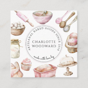 Tarjeta De Visita Cuadrada Reposteros Utensilios de Postres de Acuarela Rosa