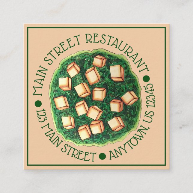 Tarjeta De Visita Cuadrada Restaurante de cocina india Dish Saag Paneer (Anverso)