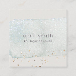 Tarjeta De Visita Cuadrada Resumen Aqua Blue Brush Stoke Watercolor Purpurina