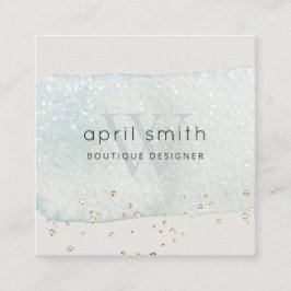 Tarjeta De Visita Cuadrada Resumen Aqua Blue Bruske Monograma Purpurina
