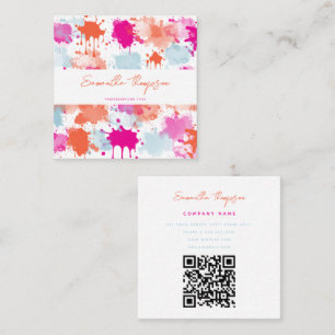 Tarjeta De Visita Cuadrada Resumen azul rosado naranja Código QR moderno