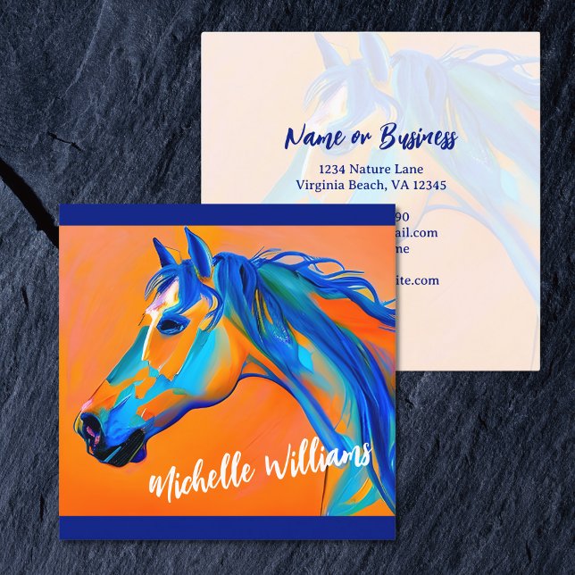 Tarjeta De Visita Cuadrada Resumen azul y Naranja del arte de los caballos (Blue and Orange Abstract Horse Art Square Business Card)