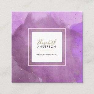 Tarjeta De Visita Cuadrada Resumen de acuarelas Morado y Oro Artista de maqui
