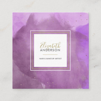 Tarjeta De Visita Cuadrada Resumen de acuarelas Morado y Oro Artista de maqui