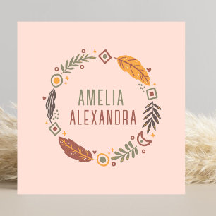 Tarjeta De Visita Cuadrada Resumen de Boho Limpio Rubor Feminado Rosa y Verde