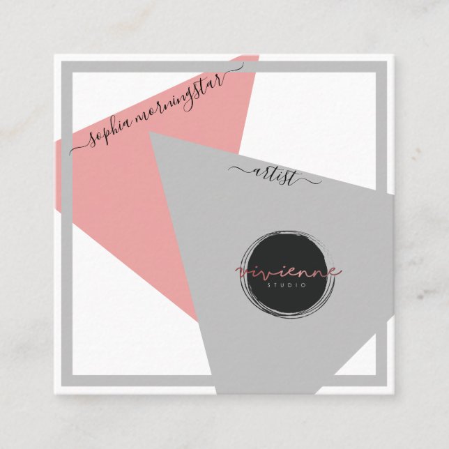 Tarjeta De Visita Cuadrada Resumen de medios sociales Geométricos rosa y gris (Anverso)