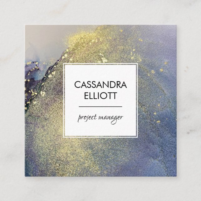 Tarjeta De Visita Cuadrada Resumen Denim Blue & Gold Alcohol Ink Liquid Art (Anverso)