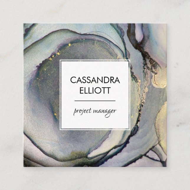 Tarjeta De Visita Cuadrada Resumen Denim Blue & Gold Alcohol Ink Liquid Art (Anverso)