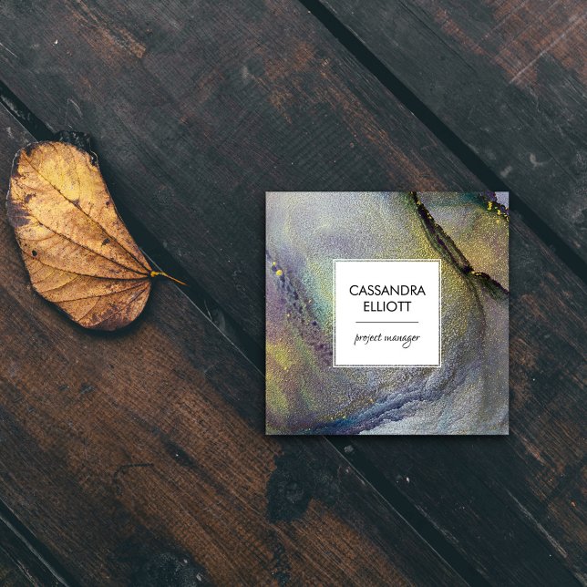 Tarjeta De Visita Cuadrada Resumen Denim Blue & Gold Alcohol Ink Liquid Art (Subido por el creador)