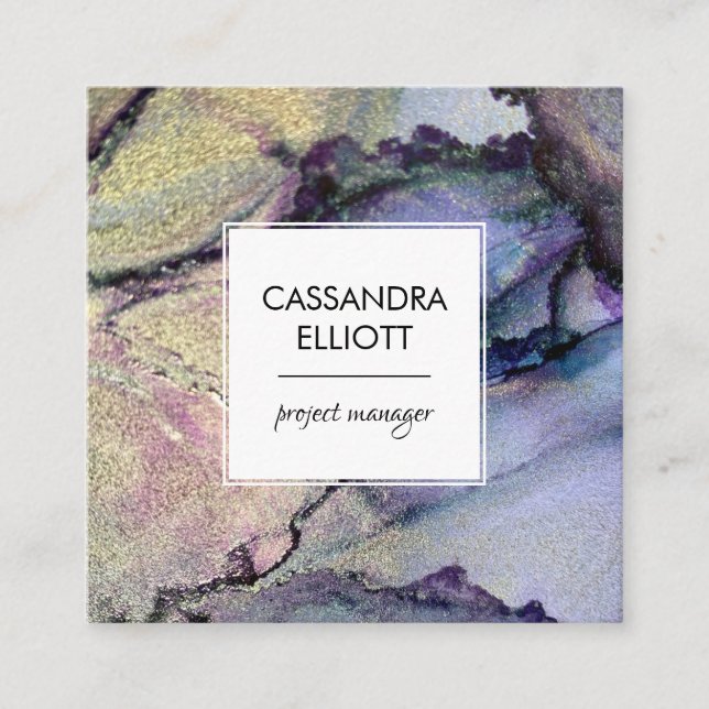 Tarjeta De Visita Cuadrada Resumen Denim Blue & Gold Alcohol Ink Liquid Art (Anverso)