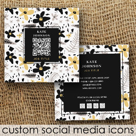 Tarjeta De Visita Cuadrada Resumen moderno Código QR de flor gris amarillo ne