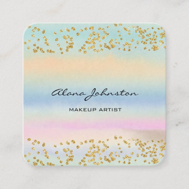 Tarjeta De Visita Cuadrada Resumen Pastel Watercolor Gold Bling (Anverso)