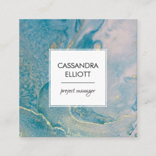 Tarjeta De Visita Cuadrada Resumen Verde azulado Azul y Oro Tinta Alcohólica 