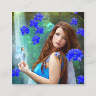 Tarjeta De Visita Cuadrada Retrato de hadas con flores azules y