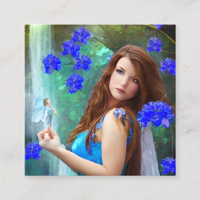Tarjeta De Visita Cuadrada Retrato de hadas con flores azules y (Anverso)