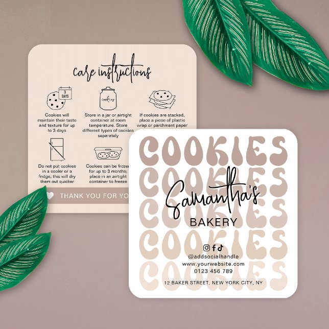 Tarjeta De Visita Cuadrada Retro Beige Trendy Sugar Cookies Instrucciones de  (Modern cookie care cards in neutral beige hues with retro fonts and care icons)