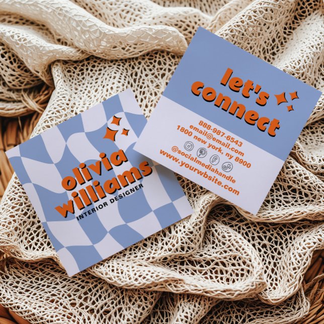 Tarjeta De Visita Cuadrada Retro Blue Orange Bold Groovy Checkered Trendy Fun (Subido por el creador)
