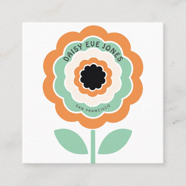 Tarjeta De Visita Cuadrada Retro Boho Naranja Black Green Flower Circle (Anverso)