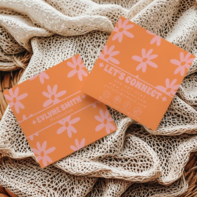 Tarjeta De Visita Cuadrada Retro Bold Pink Orange Groovy Floral Girly Funky (Subido por el creador)