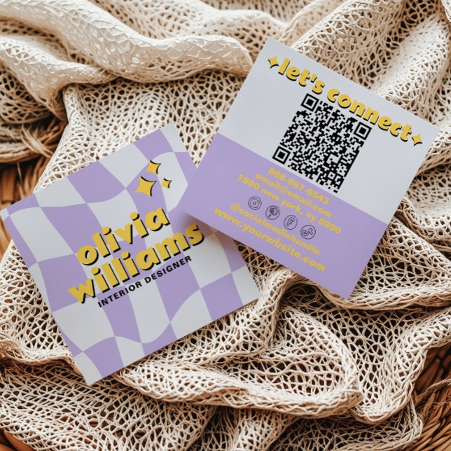 Tarjeta De Visita Cuadrada Retro Bold QR Code Groovy Checkered Boho Funky (Subido por el creador)