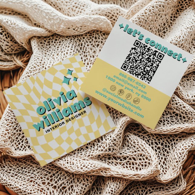 Tarjeta De Visita Cuadrada Retro Bold QR Code Groovy Checkered Boho Trendy (Subido por el creador)