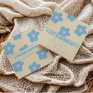 Tarjeta De Visita Cuadrada Retro Crema Azul Groovy Floral Tendencia Divertido