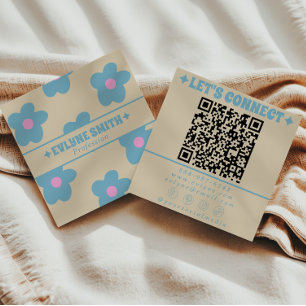 Tarjeta De Visita Cuadrada Retro Crema Código QR Azul Floral Divertido Boho