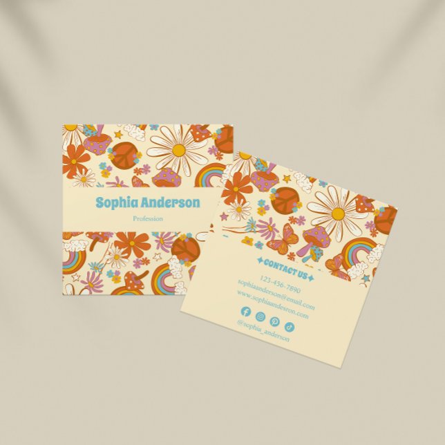 Tarjeta De Visita Cuadrada Retro Hippie Boho Floral Mushroom (Subido por el creador)