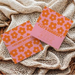 Tarjeta De Visita Cuadrada Retro Naranja Rosa Floral Divertido Boho