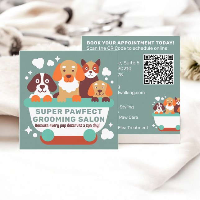 Tarjeta De Visita Cuadrada Retro naranja Verde azulado Perros Grooming Salon  (Retro Teal orange Dogs Grooming Salon Qr code Square Business Card)