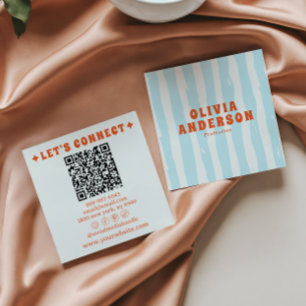 Tarjeta De Visita Cuadrada Retro Negrita Azul 70 Boho Groovy Código QR de mod
