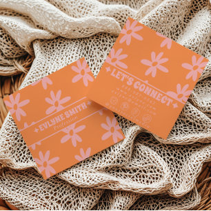 Tarjeta De Visita Cuadrada Retro Negrita Rosa Naranja Groovy Floral Femenino